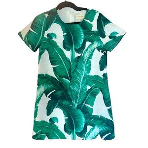 Vestique green and white banana leaf print sheath mini dress size small